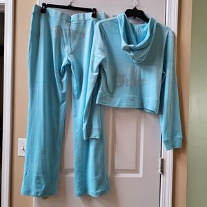 Juicy Couture Velour Crystal Blue Tracksuit 2 Pc Set Hoodie & Pants Size M NWT